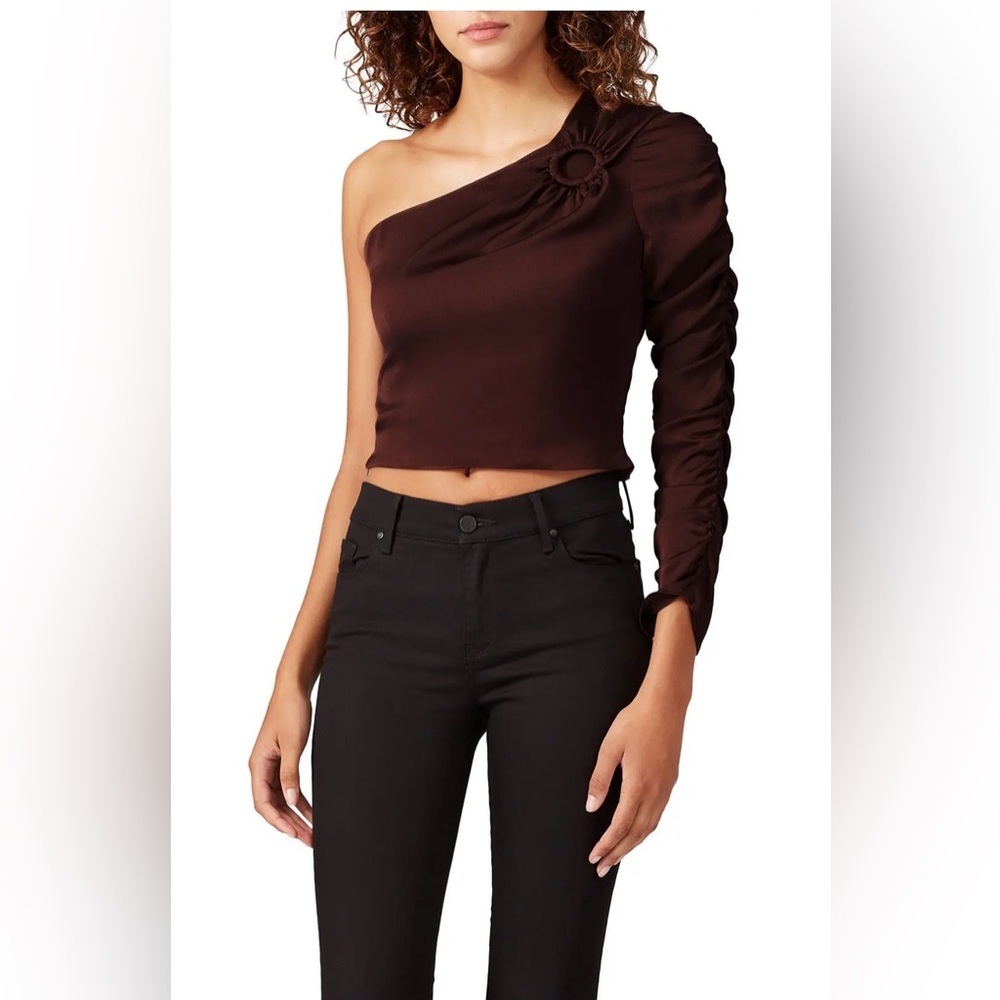 Brown Maroon Sateen One Shoulder Ruched Crop Top Long Sleeve Back Zip S
